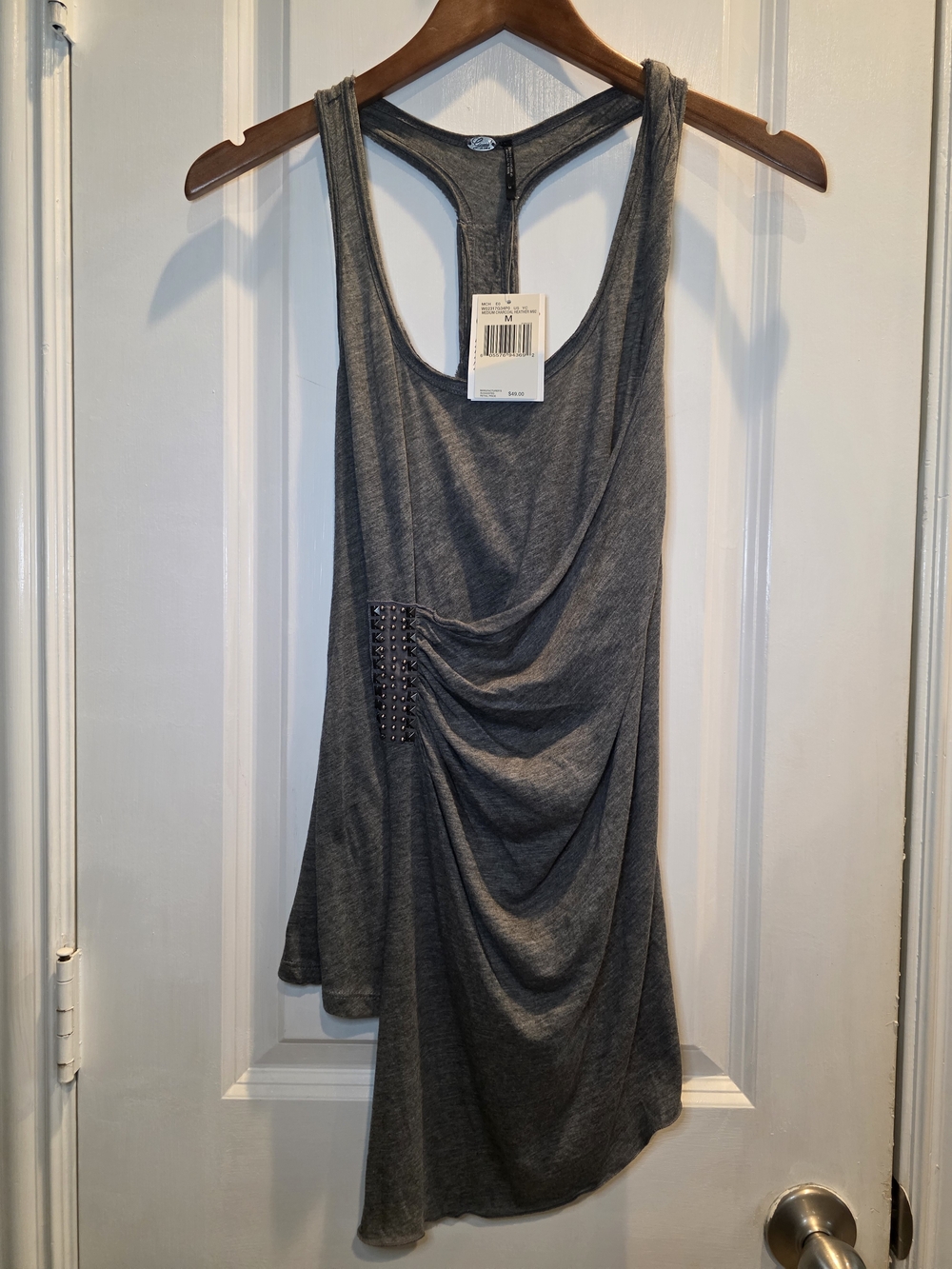 Guess NWT Grey Racerback Drape Tank Top with Stud and Bead Detail